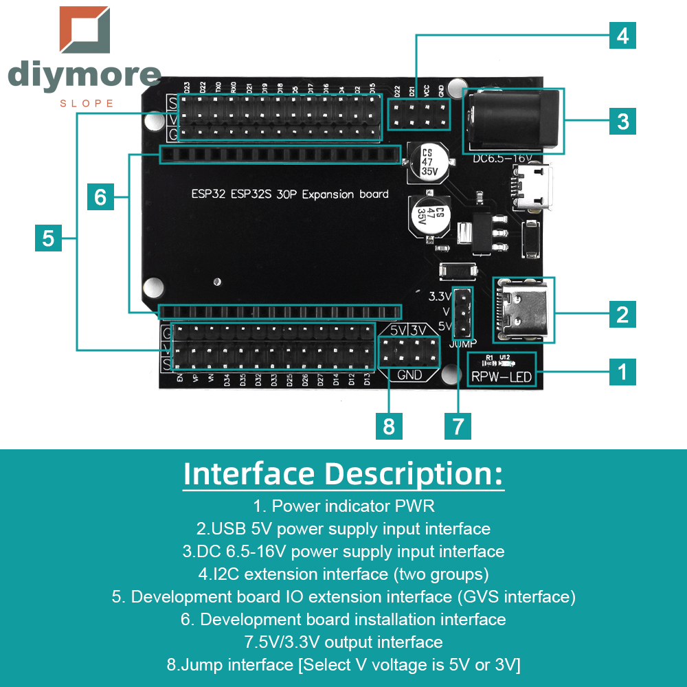 diymore slope ESP32 Super Breakout Board Expansion Board 3 Types Outputs for ESP32 Module ESP-WROOM-32 ESP32 Block PCB