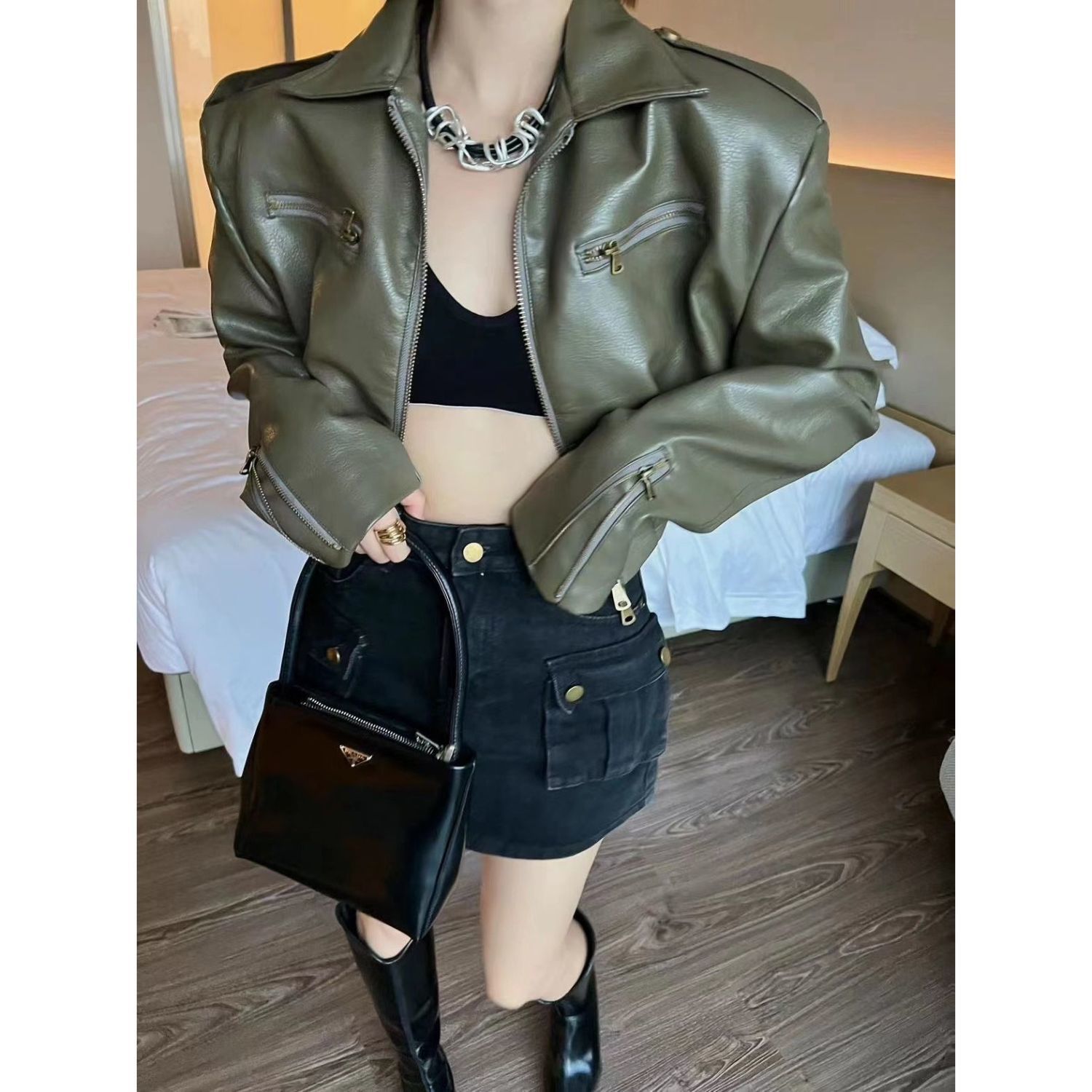 Fashion Black Short PU Leather jacket Women short Retro Motorcycle coat
