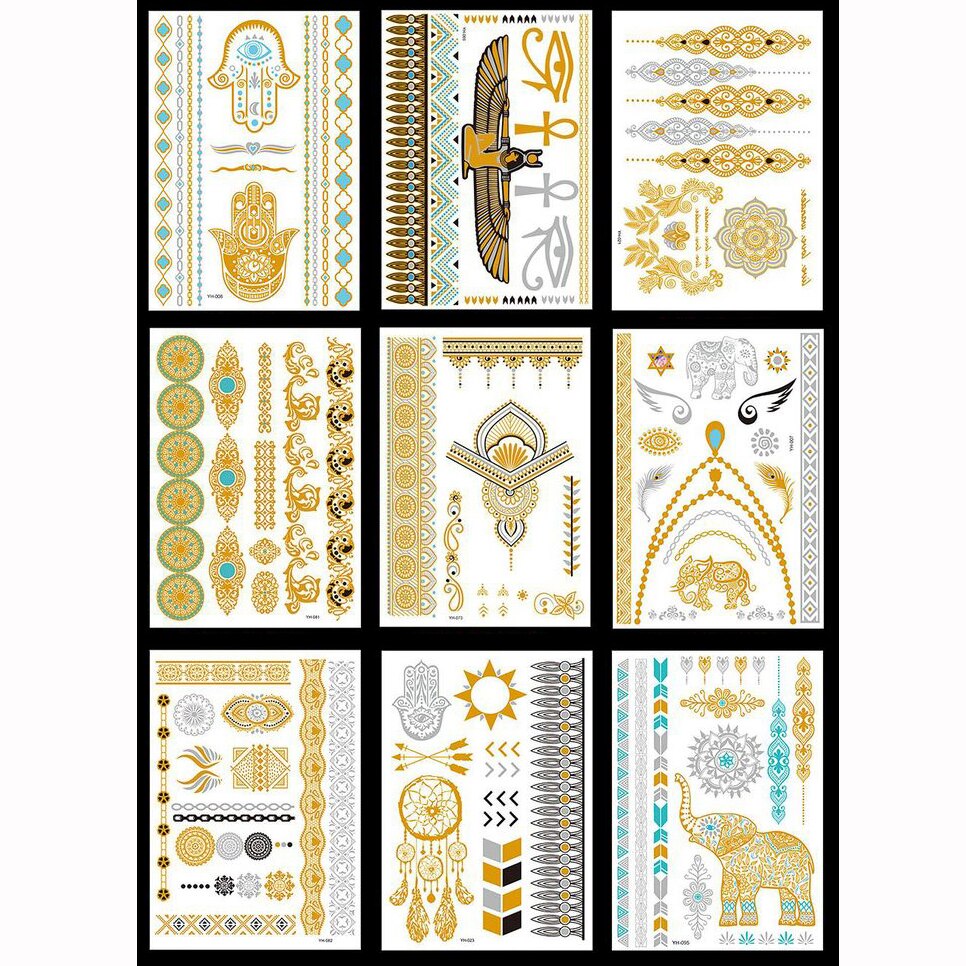 New 9Pcs Sheet Tattoo Makeup Sticker Temporary Tattoo Disposable En Silver Flash Tattoo Essories Tattoo Sticker Supplies