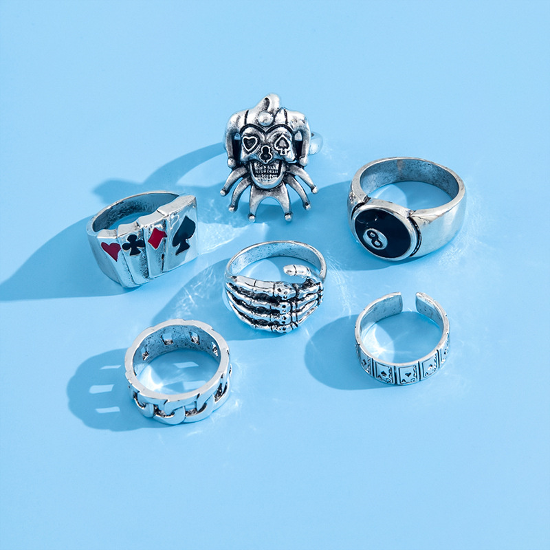 Metal Finger Rings Men's 6 Piece Set Skull Ghost Claw Poker Clown ...