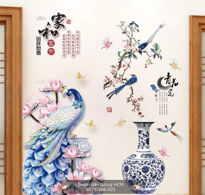 DECAL DÁN TƯỜNG TẾT CHIM CÔNG VÀ BÌNH HOA THỔ CẨM