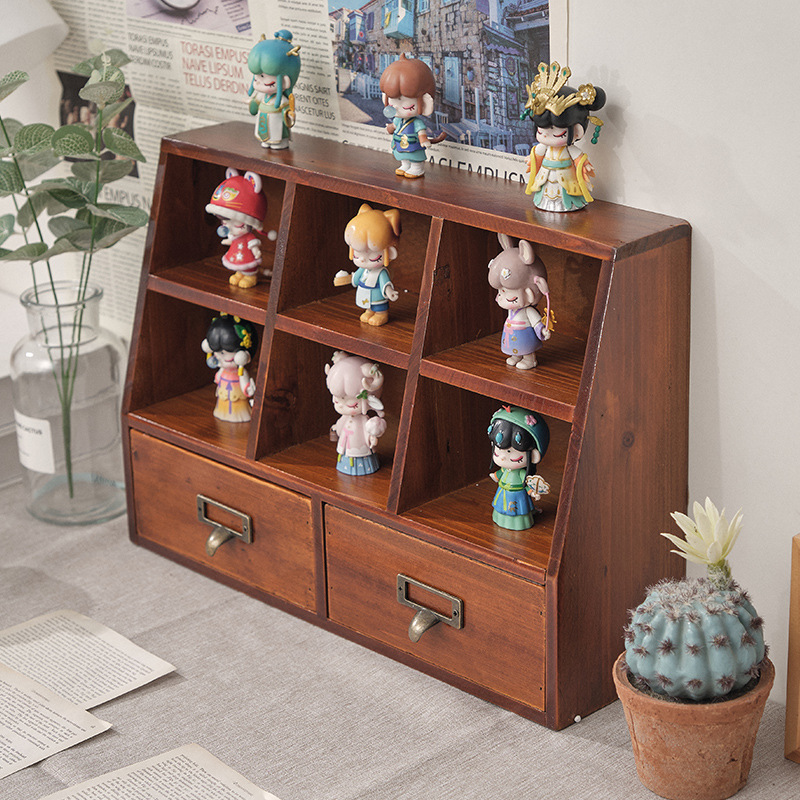 3-compartment 2-drawer retro multi-functional storage box display display cabinet solid wood desktop drawer storage cabinet storage cabinet