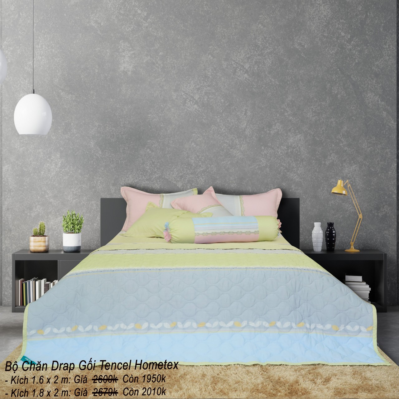Bộ drap gối Hometex Tencel (160x200,180x200)