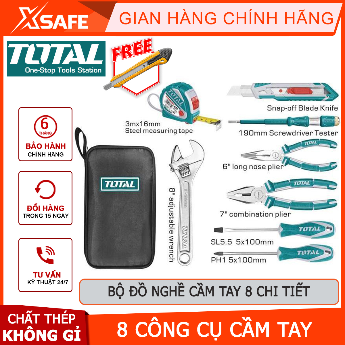 Total thkthp90086 8 PCs portable tool set | 8 PCs hand tool set includes roll, screwdriver, omelette wrench
