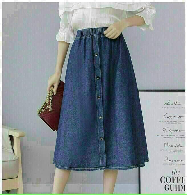 CHÂN VÁY DENIM CHỮ A, LƯNG THUN, PHỐI NÚT THỜI TRANG