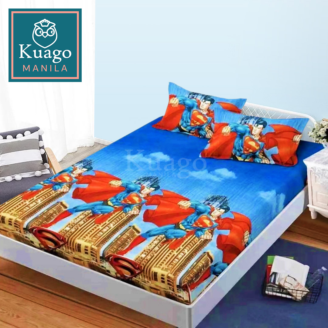 KuagoManila - 3in1 KIDDIE PRINTS Printed Design | Cartoon Character Super M  | Complete Bedding Set [1 Fitted Garterized Bed Sheet + 2 Pillow Case]  Single, Double, Queen, King Size Bedsheet |