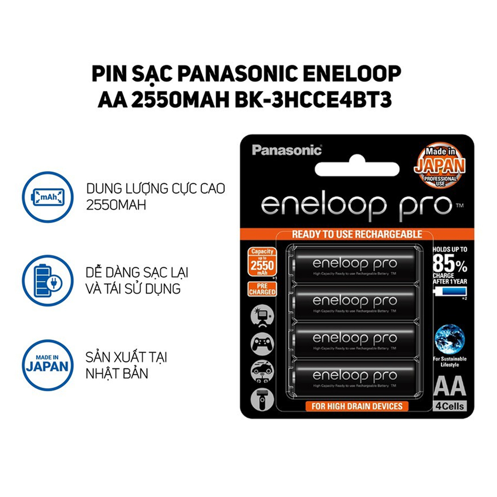 Bộ 4 pin sạc AA Panasonic Eneloop PRO 2550mAh JAPAN (Đen)