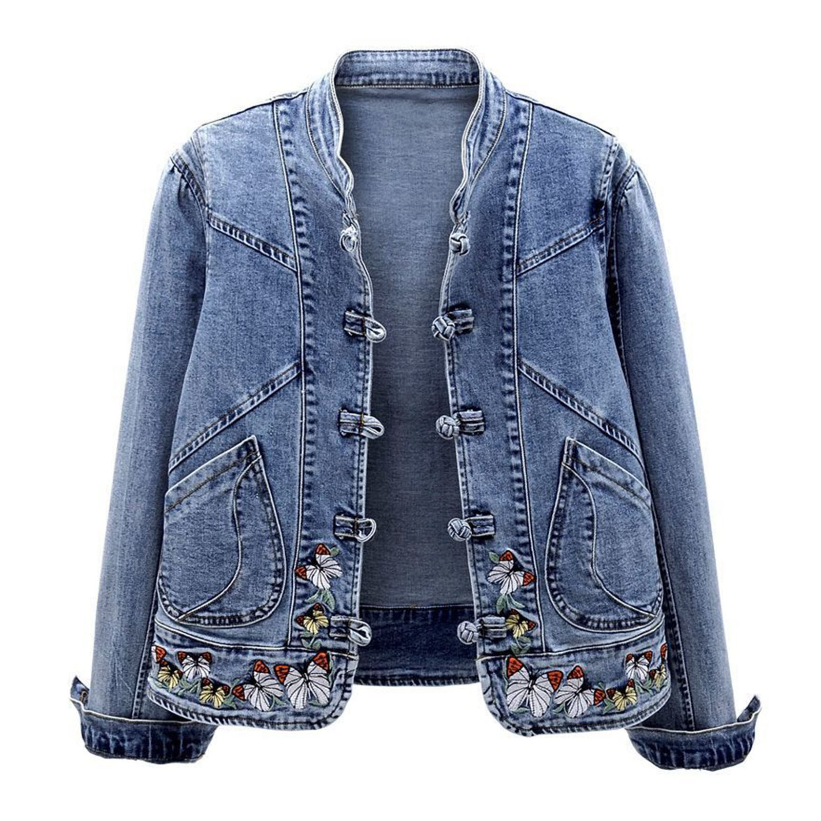 Siji Women Retro Denim Jacket Cotton Polyester Denim Jacket Chinese Style Embroidery Denim Jacket for Women Slim Fit Long Sleeve Turn-down Collar Fashion
