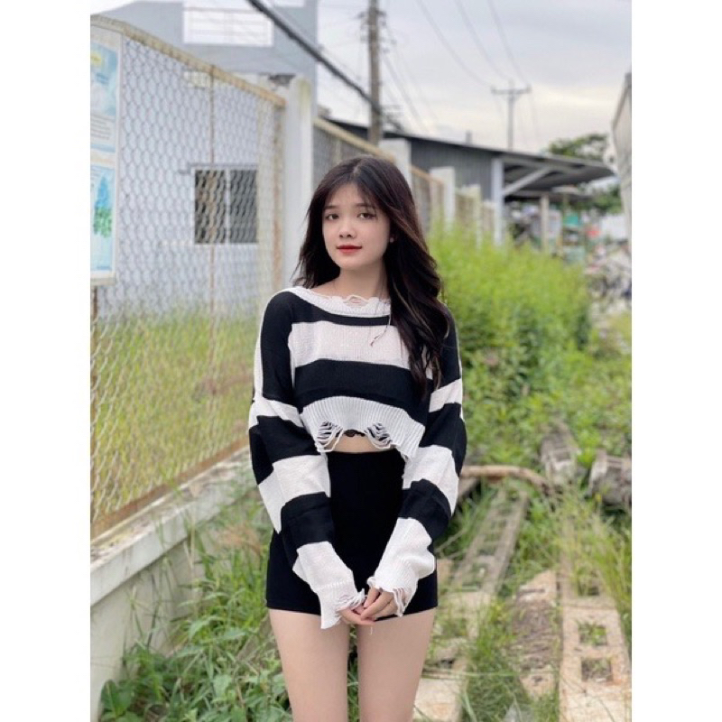 Áo len nữ kiểu rách mỏng croptop cá tính hàng QC