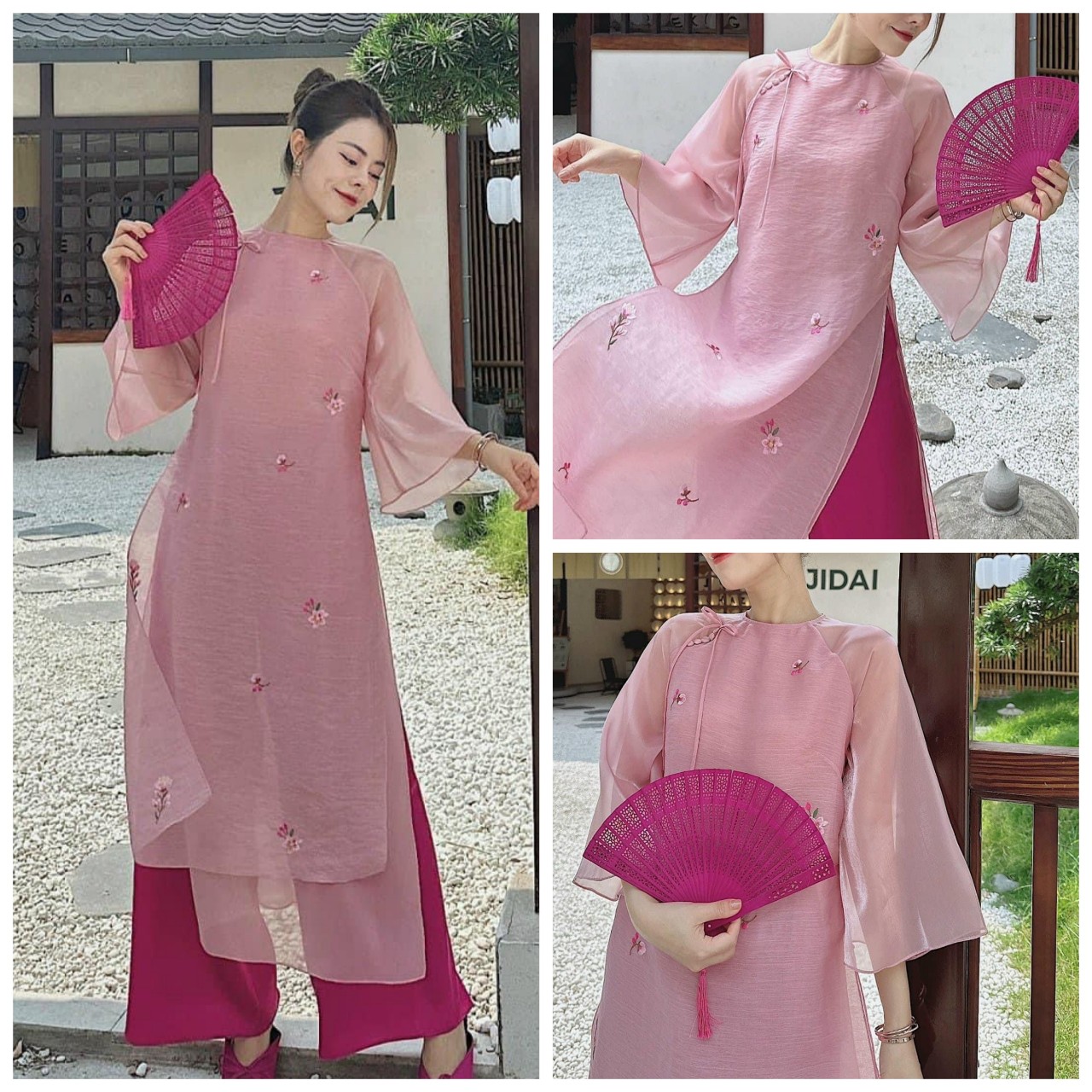 Set bộ áo dài thêu hoa nổi 4 tà tay loe 4 tà cao cấp có size to by2143