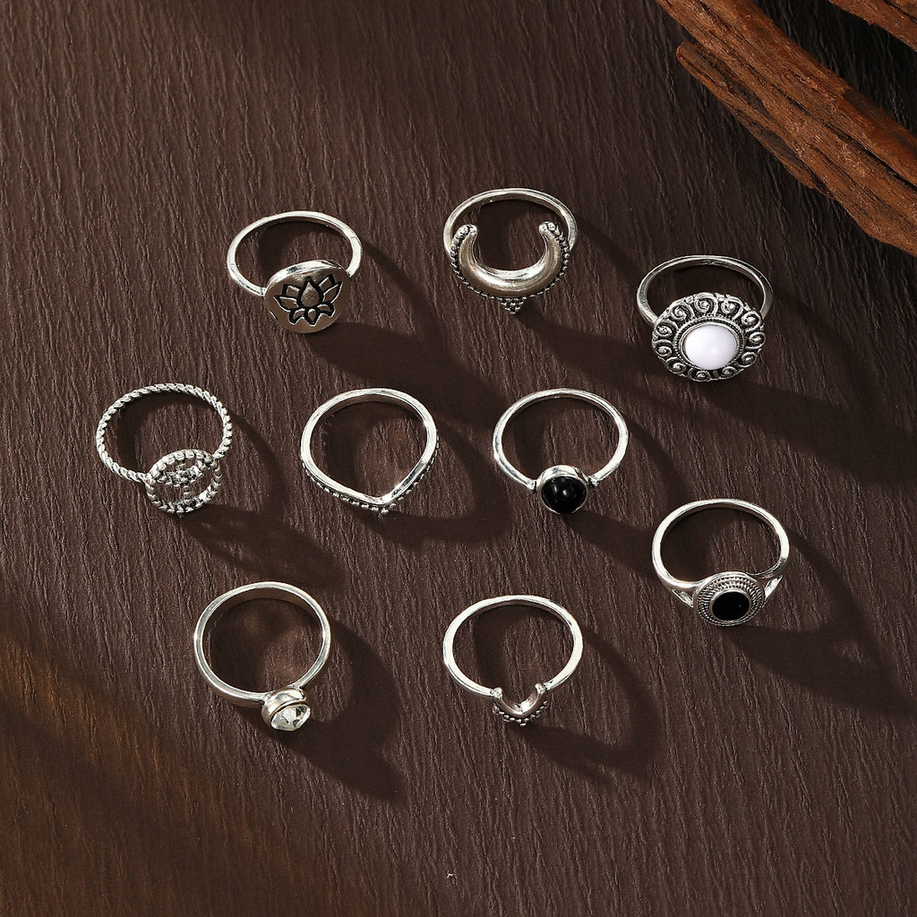 Enacolor%209Pcs/Set%20Retro%20Silver%20Black%20Crystal%20Lotus%20Moon%20Ring%20Set%20for%20Women,%20Ethnic%20Joint%20Rings%20Fashion%20Jewelry%20Accessories%20-%20Image%204
