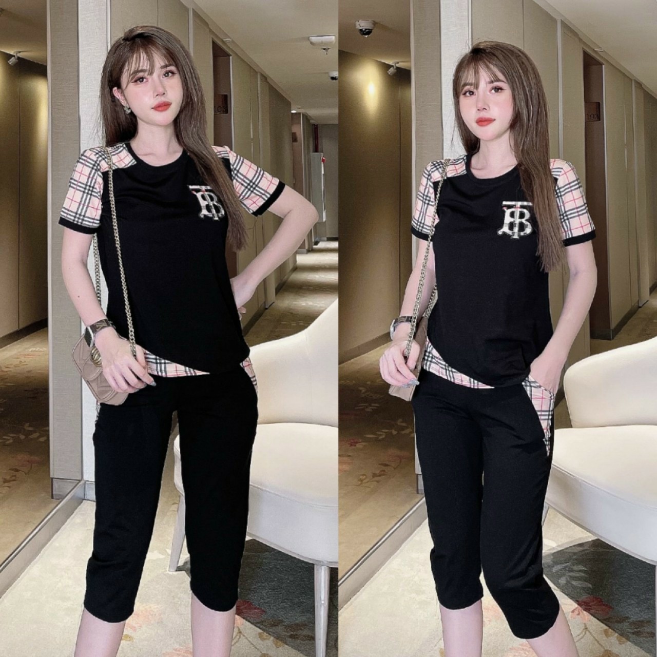 Đồ bộ thun lửng phối caro logo chữ B (màu đen)