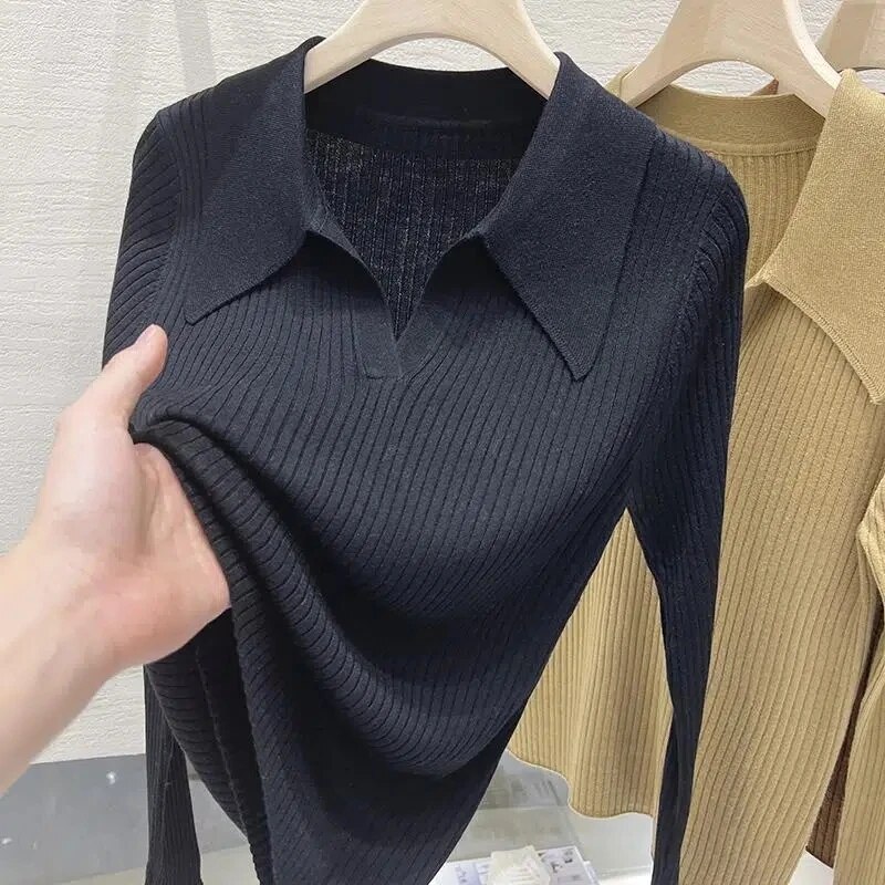 Áo chui đầu nữ dệt kim dài tay dáng ôm cổ Polo mỏng mùa xuân và mùa thu mỏng màu trơn dáng rộng cơ bản