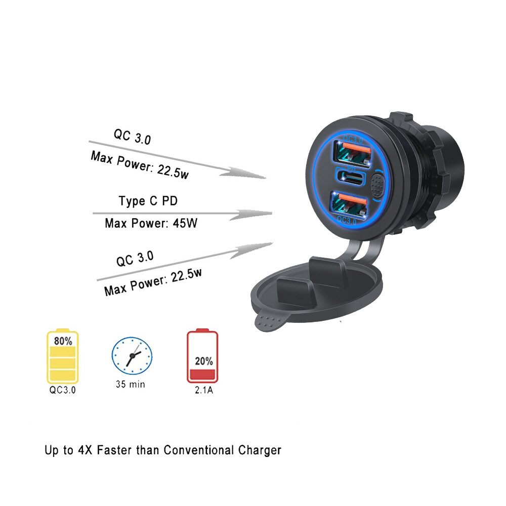Bộ Sạc Xe Hơi Nhanh 3 Cổng 60W Ổ Cắm PD USB Type C Có Công Tắc Cảm Ứng Với Đèn LED Bộ Chuyển Đổi Xe Hơi Nhanh Cho Điện Thoại