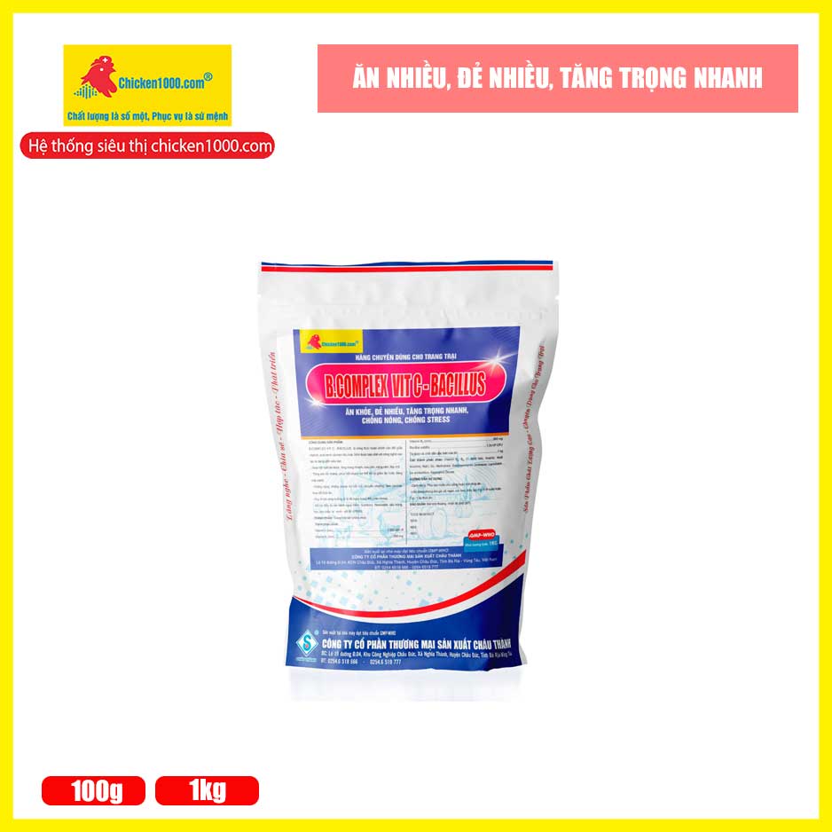 Thuốc Thú Y Cốm B Complex Vit C Bacillus Chicken1000 Hỗ Trợ Vỗ Béo Gà, Vịt, Heo, Dê