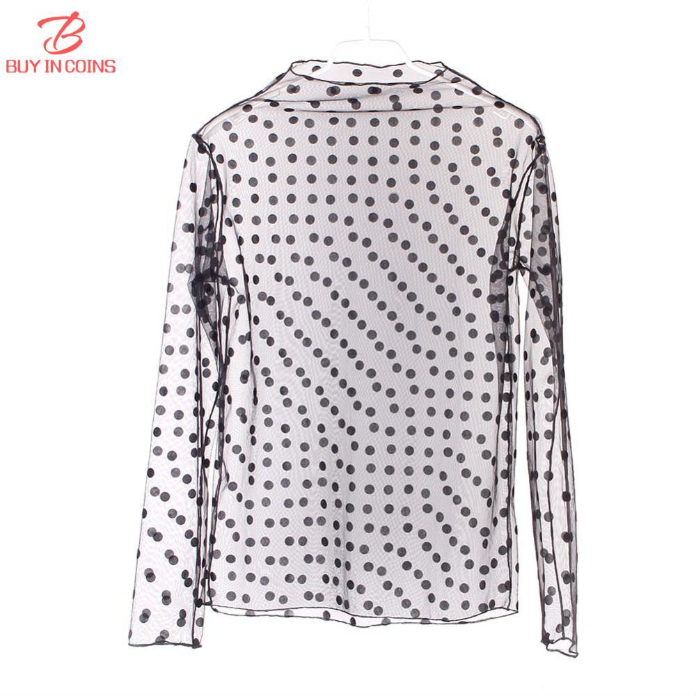 Women Summer Transparent Mesh Blouse Shirt Tops Long Sleeve Blouse Casual Dot Feminine Blouse