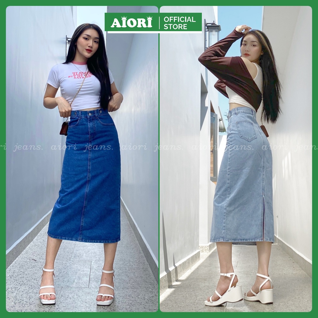 Chân Váy Jean Denim AIORI Thiết Kế Midi Dài Xẻ Tà Lưng Cao Dáng Chữ A Cạp Cao Thời Trang_Mã V005