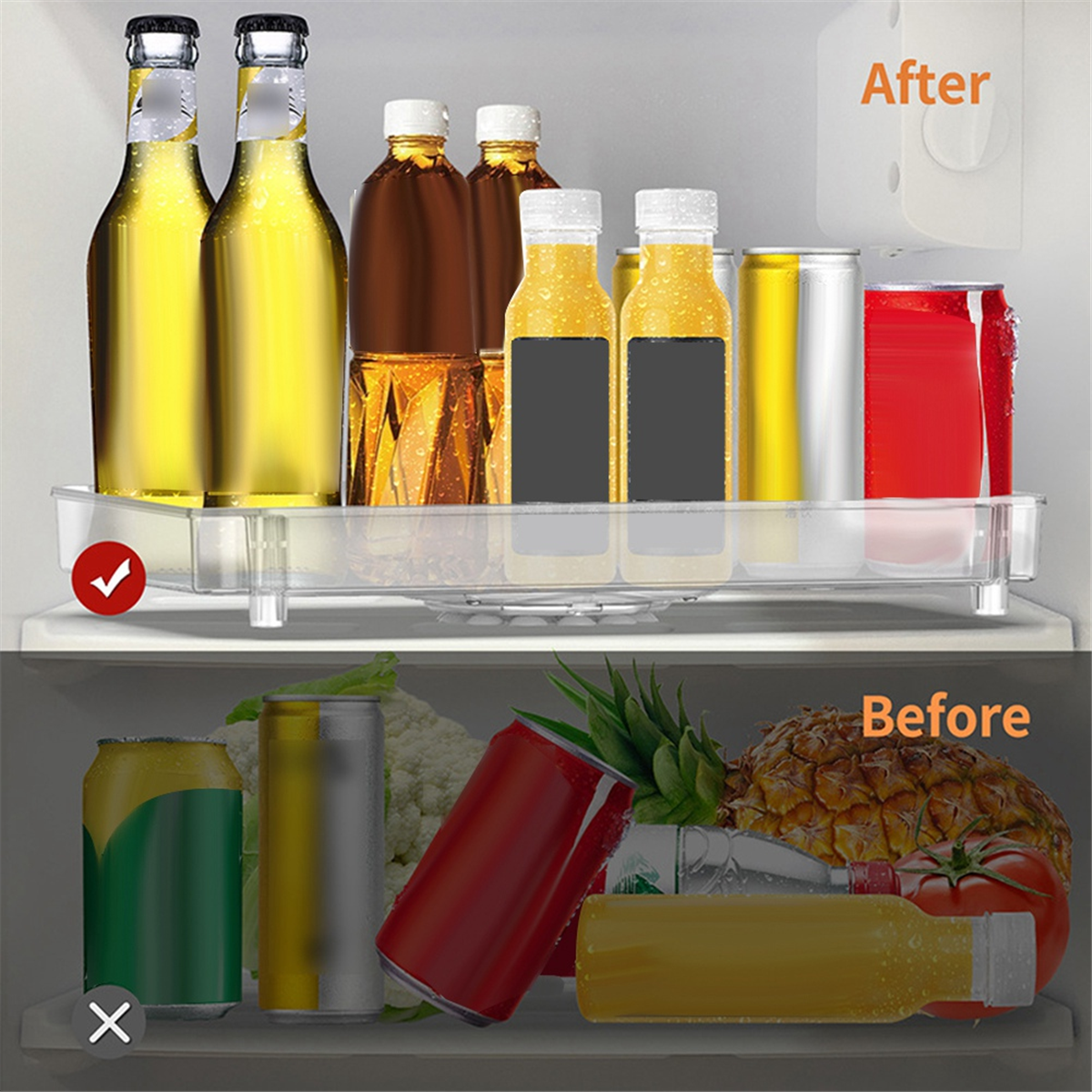 Fridge Turntable Organizer Tray with Suction Cup Transparent Refrigerator Storage Rack 360 Rotatable for Countertop 28x16.3cm