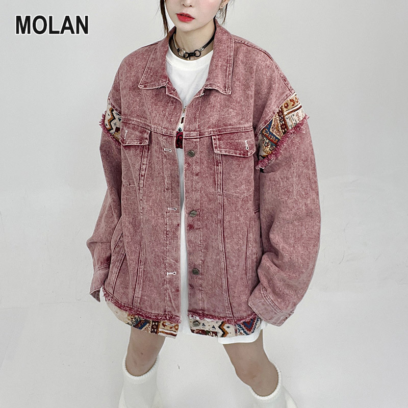 MOLAN Áo khoác Denim hồng, áo khoác lỏng lẻo, thiết kế cổ điển cảm thấy thích hợp áo nhiều mảnh