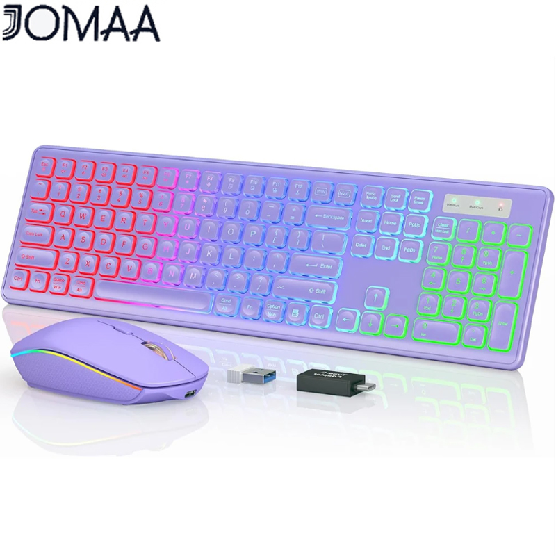 Jomaa Type-c +USB 2.4G Wireless Keyboard Mouse Combo RGB Backlit Rechargeable Full-Size Wireless Keyboard Mouse Set for Laptop Computer Ergonomic