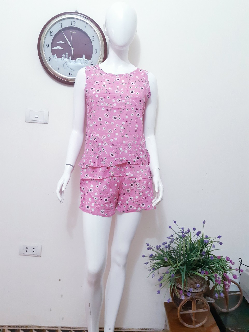 Bộ lanh lụa quần ngắn hoa bèo