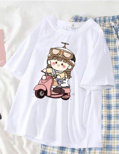 Sét bộ: áo cộc tay cô bé đi xe máy kèm quần kẻ