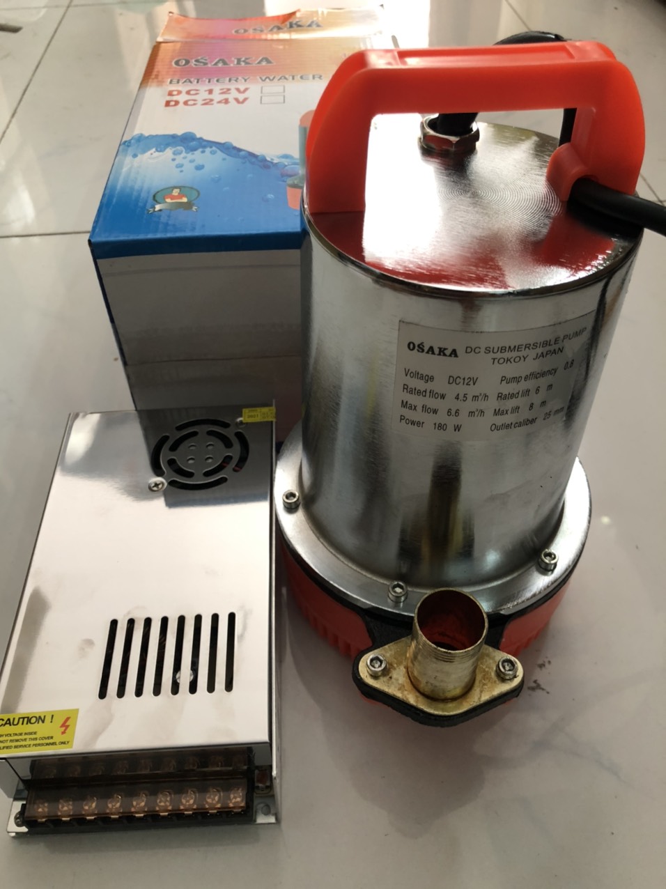 Máy Bơm Nước Chìm OSAKA ,HINOMALưu Lượng Lớn Inox 12V 180W 80L kèm nguồn tổ ong 12v20a