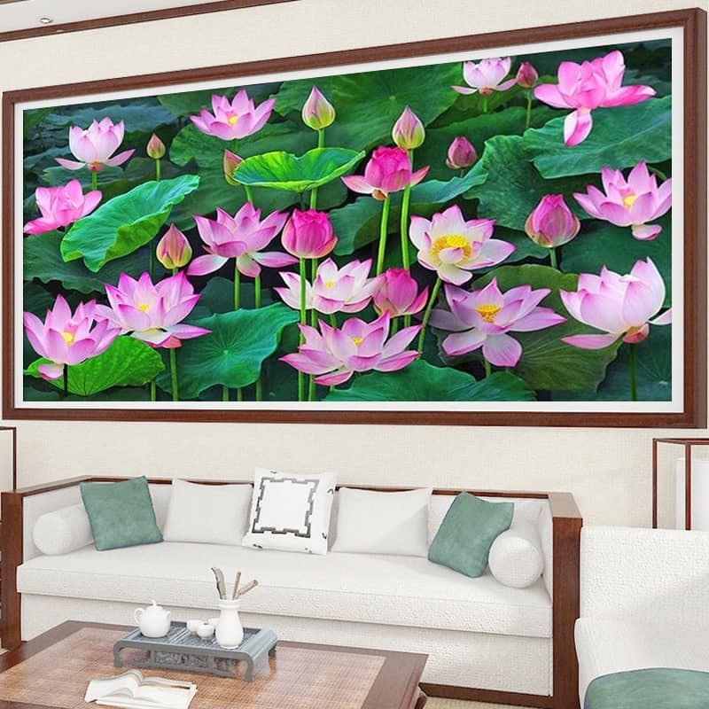 (THÊU KÍN) Tranh thêu chữ thập Đầm sen MN0088