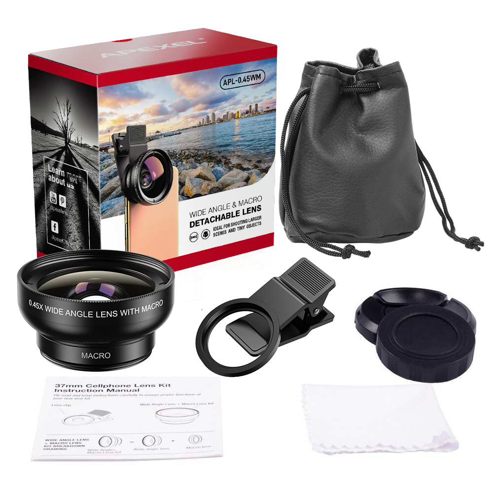 APEXEL New HD 37MM 0.45x Super Wide Angle Lens with 12.5x Super Macro Lens for iPhone Samsung Smartphones Camera Phone lens Kit. 