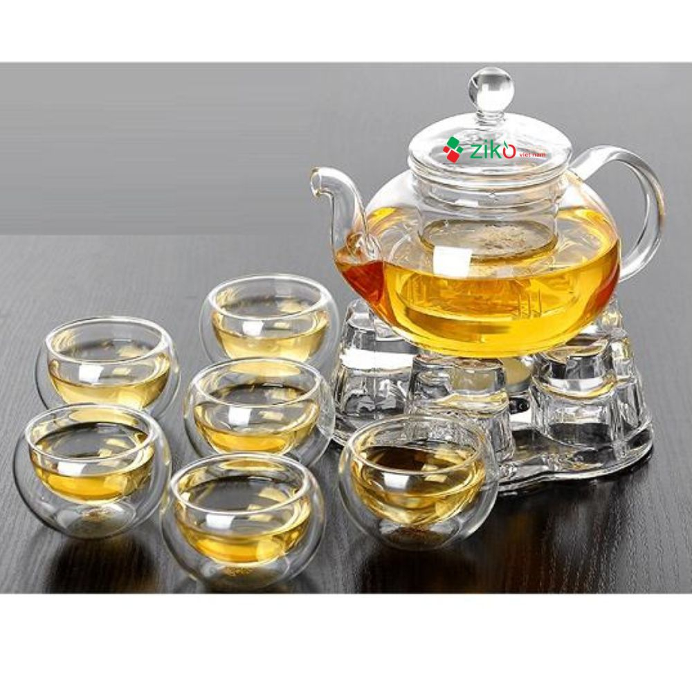 Bộ ấm trà thuỷ tinh hoa cúc 6 chén và đế nến