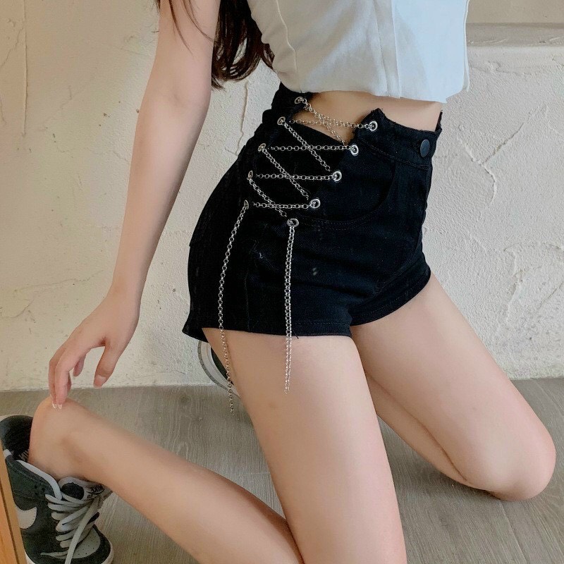 Quần kaki cạp cao dây xích kiểu hông cực cá tính- quần short nữ thời trang cá tính hai màu đen xanh
