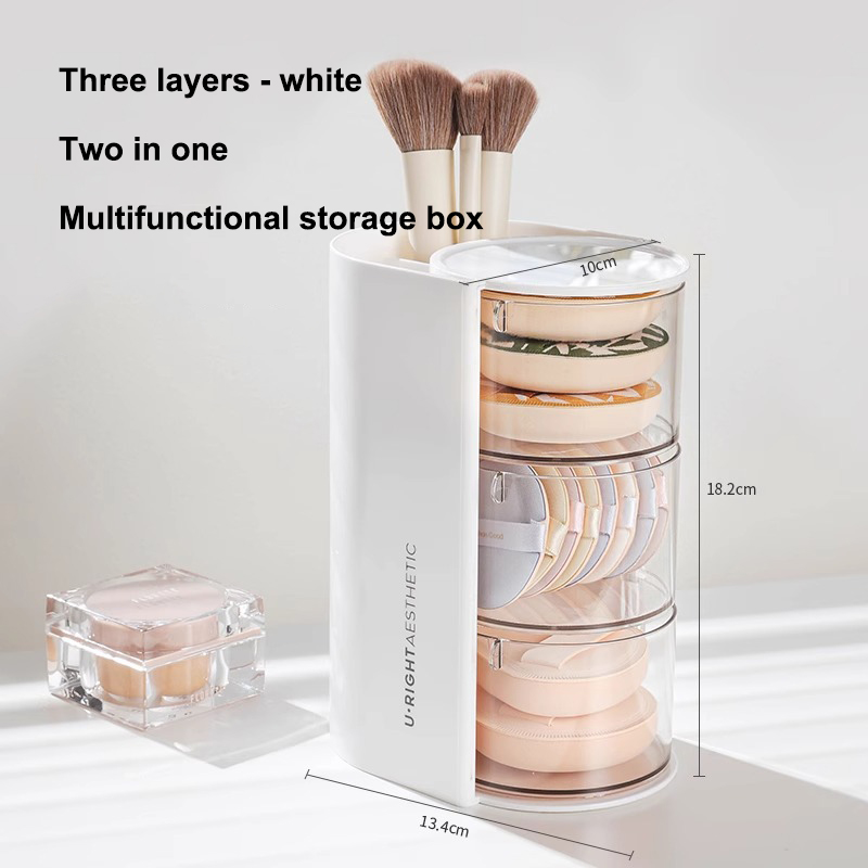 Powder puff storage box, makeup brush two-in-one storage artifact, dressing table storage rack, rotating cosmetics storage box