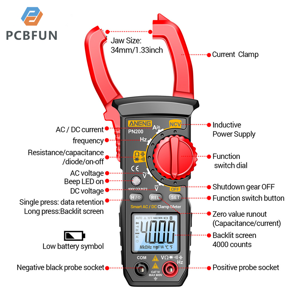 Pcbfun PN200 Đồng hồ kẹp đo điện kỹ thuật số vạn năng AC hiện tại và AC/DC 4000 đếm vôn kế với Amp Volt Ohm kiểm tra kháng auto-khác nhau,