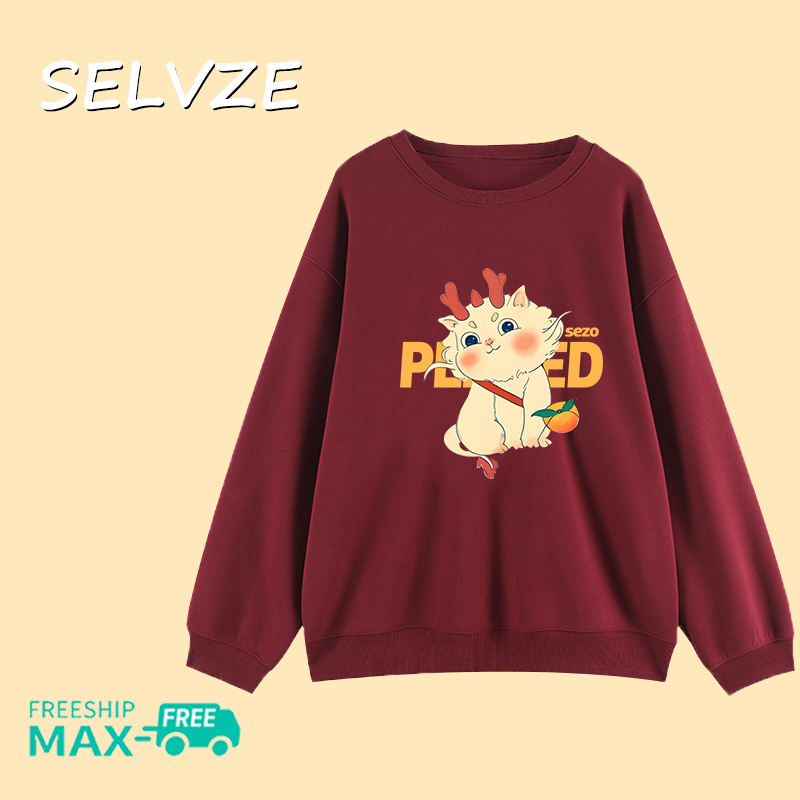 SELVZE Korean Fashion Loose Cute Dragon Pattern Round Neck Sweatshirt for Woman
