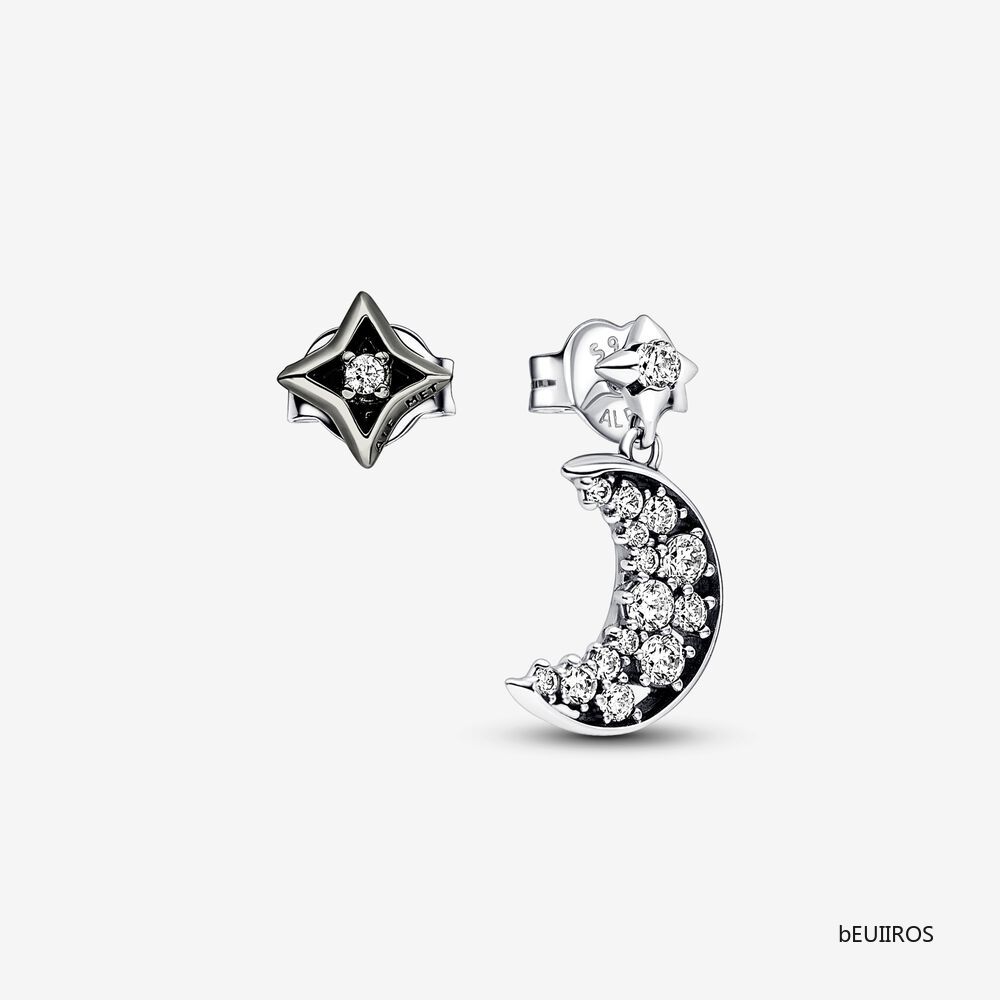New Pandora Sparkling Crescent Moon and Star Stud Earrings 292782C01