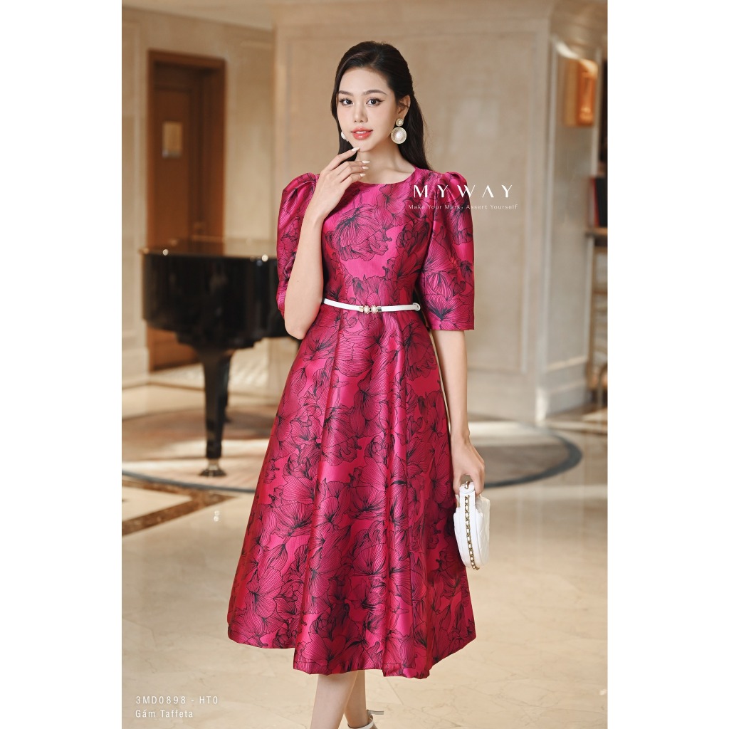 Đầm nữ dự tiệc my way dáng xòe họa tiết hoa nổi sang trọng quý phái 3md0898