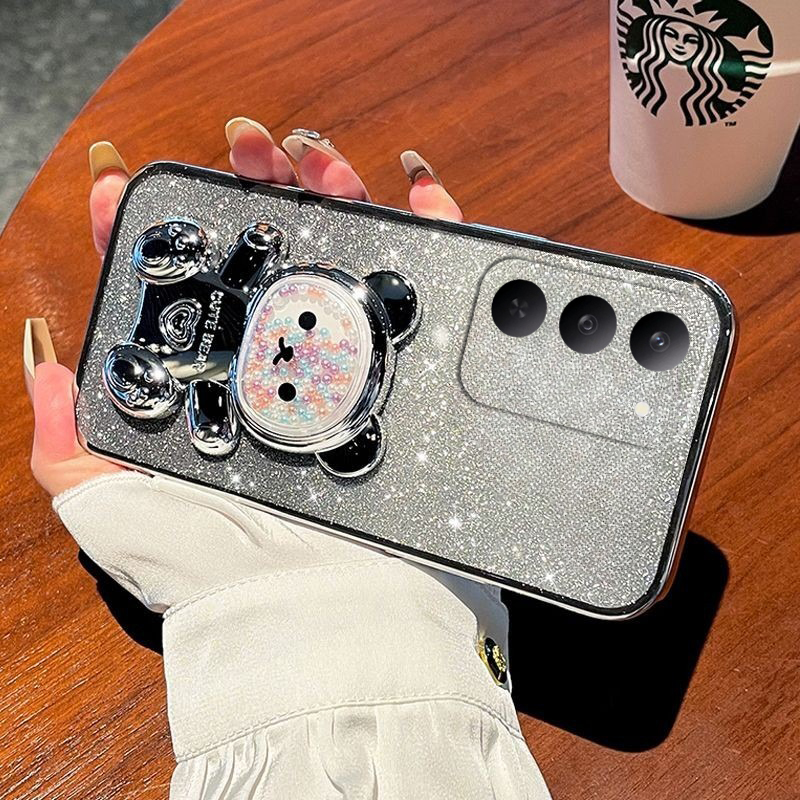 New Phone case Realme C71 C75 C75X Back cover with Gradient 3D Bear Folding Stand Bracket Luxury Slim 6D Plating Glitter Girls For Realme C75 C75X C71 case. 