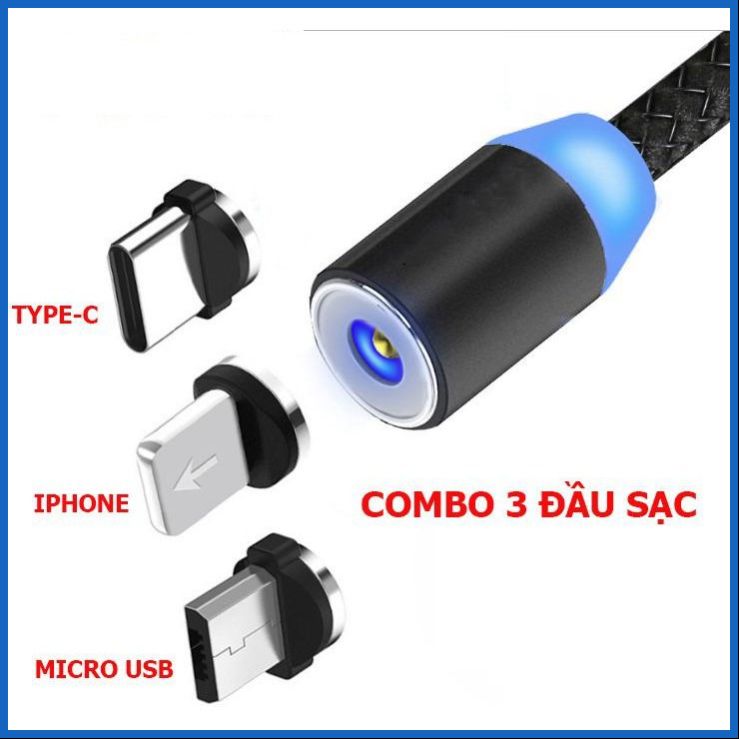 [Full Set 3 đầu sạc] Cáp sạc từ nam châm 3 đầu iPhone, Micro USB và TYPE-C 360 độ Dây Dù Siêu Bền