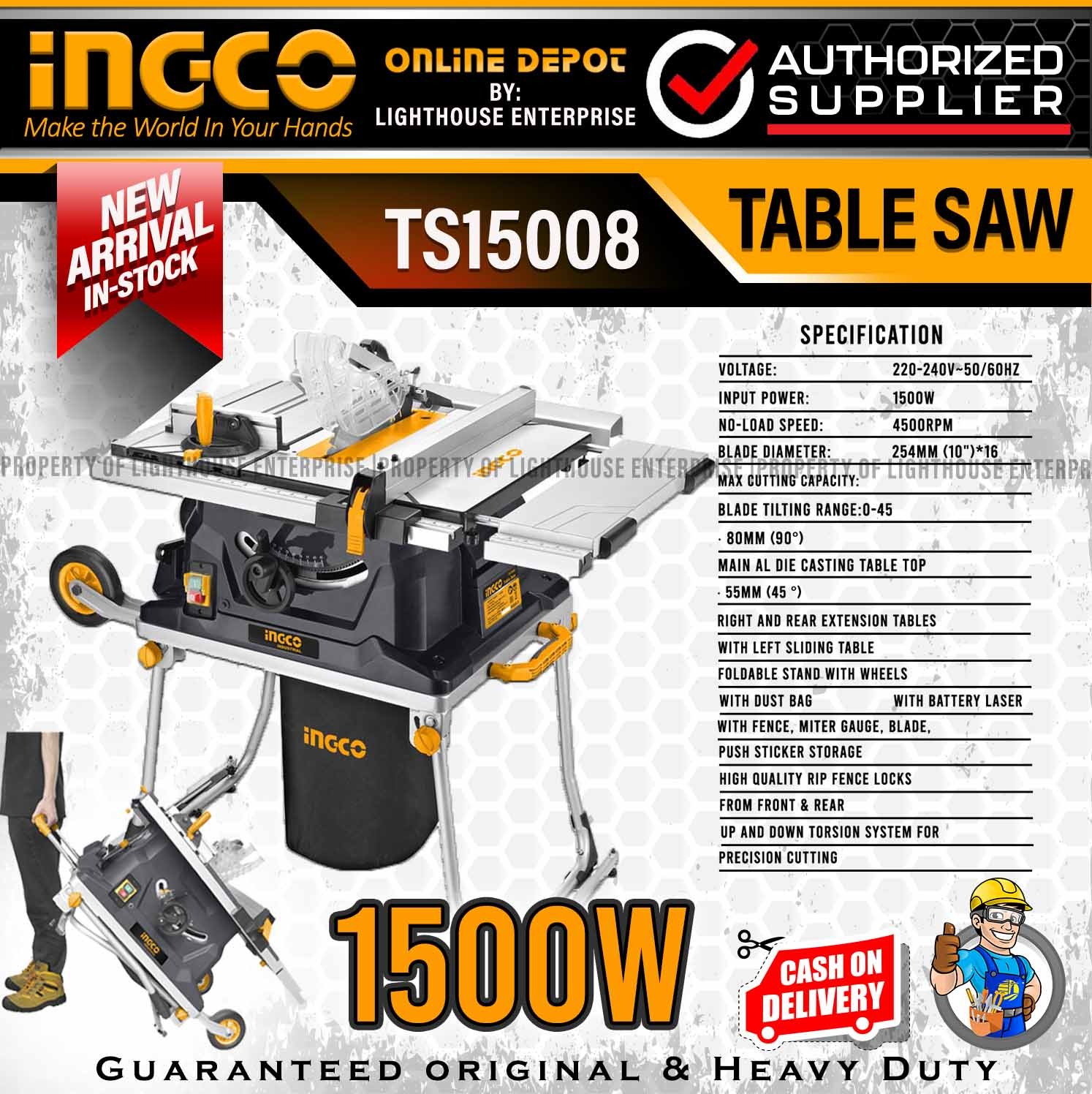 INGCO Industrial 1500W Laser Guide Foldable Table Saw Heavy Duty Class