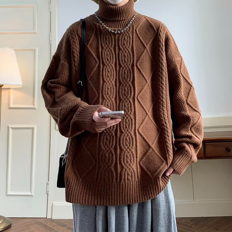 KYUSHUAD Men's loose turtleneck twist sweater Simple couple atmosphere warm sweater
