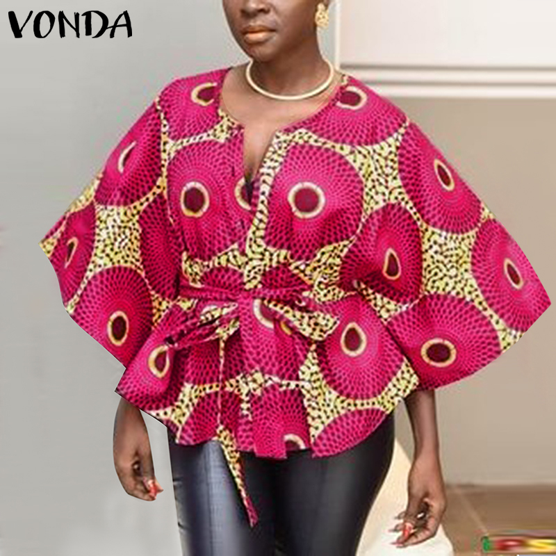 Vonda womens fashion 3/4 sleeve printed bohemian blouse v-neck tops