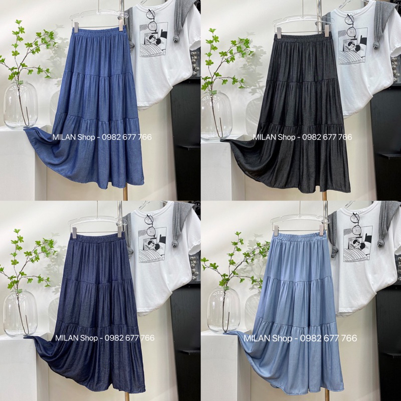 AA18-Chân váy bò(jean) lụa cực mát dáng dài xoè tầng Quảng Châu