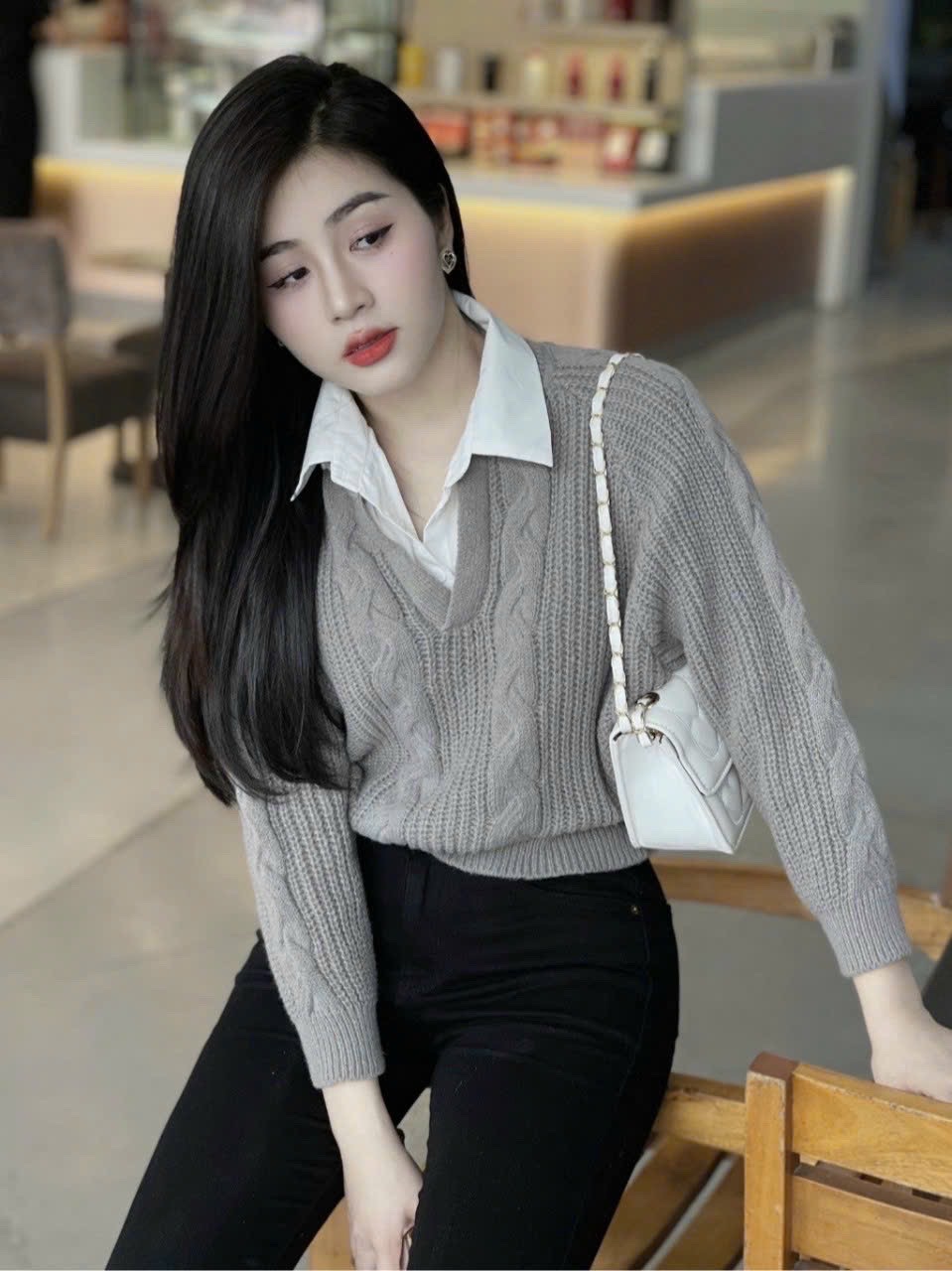 Áo len nữ tay dài phối cổ sơ mi, len dày đẹp