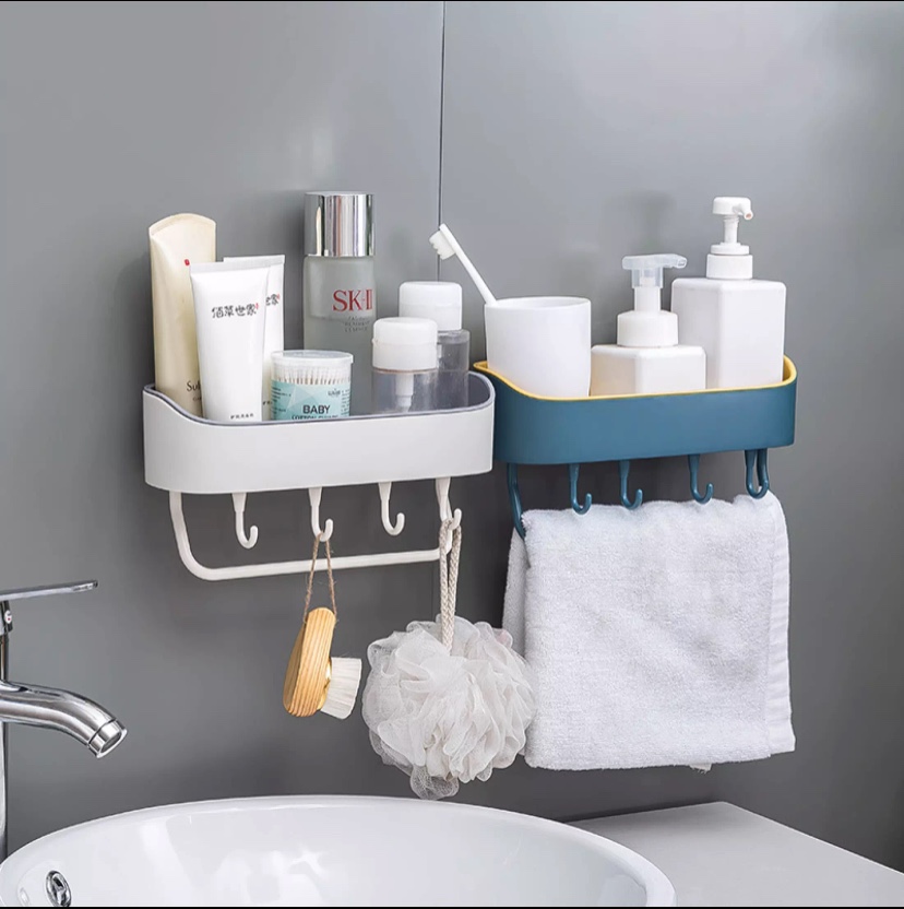 Kệ dán tường phòng tắm, kệ nhà bếp,kệ đa năng kèm 4 móc treo