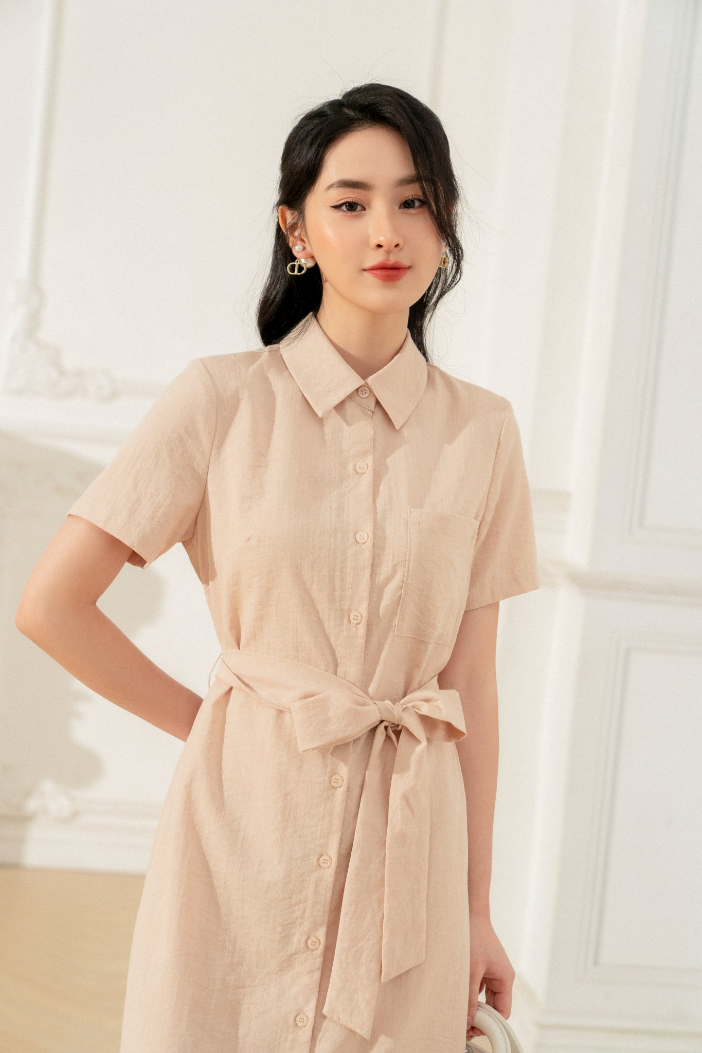 Váy suông đai eo TIIN STORE chất đũi xanh mint VHN469