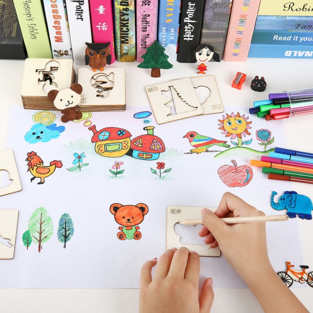 Kids Drawing Toys Hands-on Creativity Wooden Painting Stencils Hollowed ...