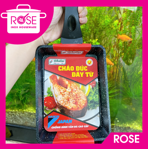 Chảo vuông vân đá bếp từ tithafac 13.5 x 37.5cm - chảo chống dính vân đá dùng được bếp từ