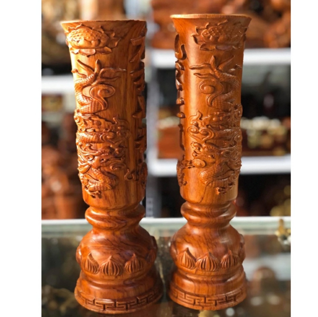Lọ cắm nến, để đèn cầy bàn thờ gỗ hương nguyên khối đục rồng cao 30cm x9cm