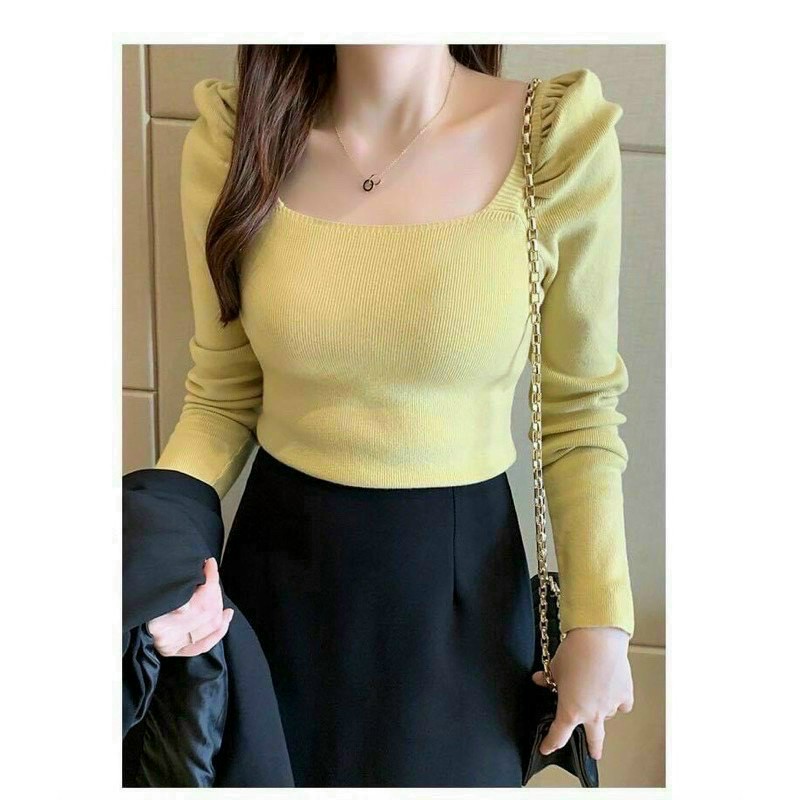 Áo thun gân tay dài nhún vai cổ vuông xinh xắn ttvv0306