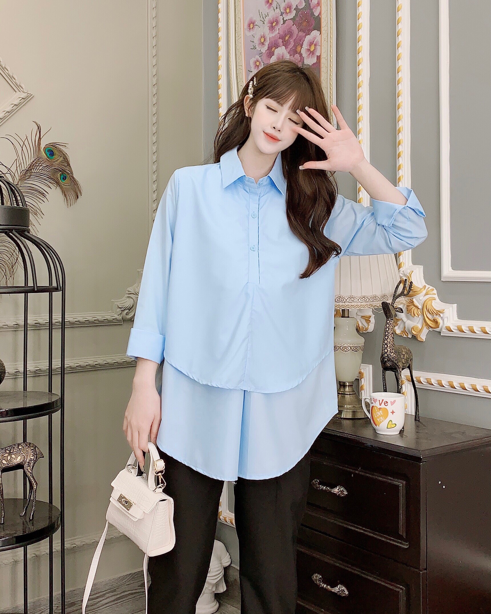 Áo bầu sơ mi công sở dài taychất đũi